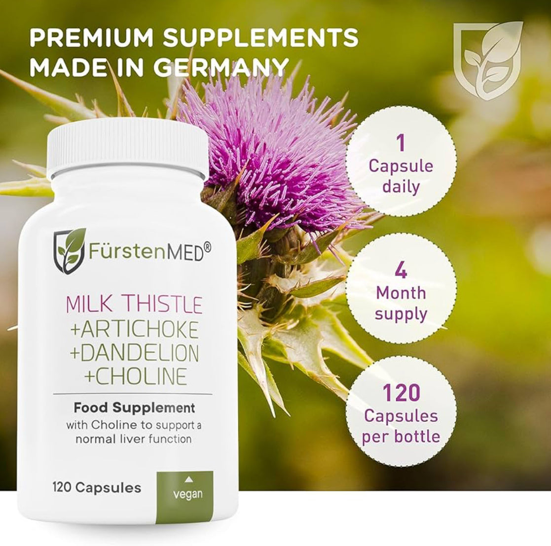 FürstenMED - Milk Thistle with Artichoke Extract, Dandelion Root & Choline - Vegan Normal Liver Health Supplement - 120 Non-GMO Capsules