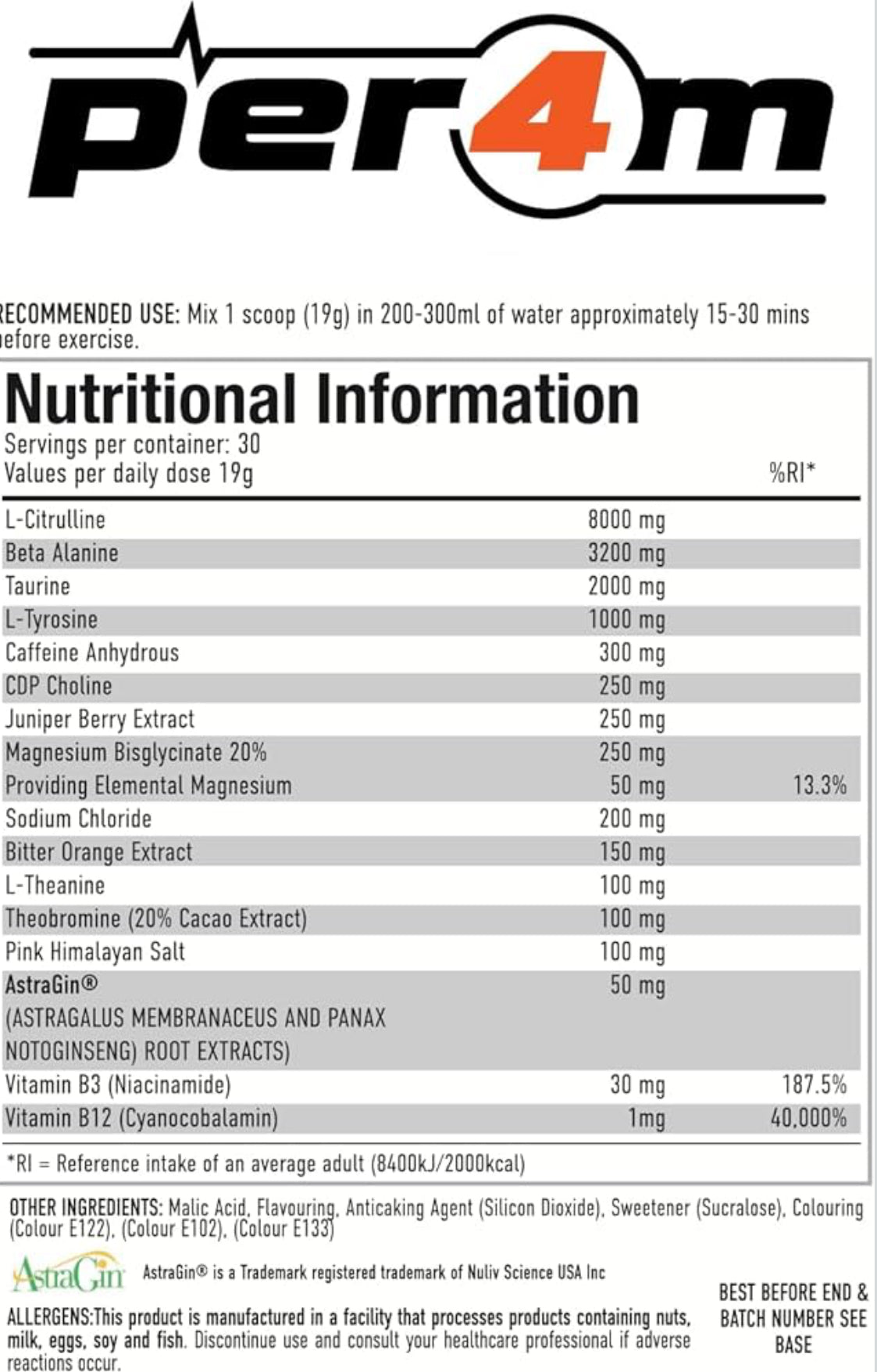 Per4m Pre Workout Powder 570g | Intense Pump, Sustained Energy and Mental Focus | with L-Citrulline, Beta Alanine & Caffeine with Added Hydration