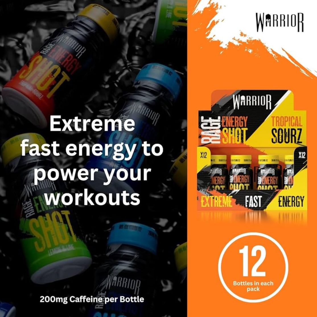 Warrior Rage Energy Shots - Pre Workout Shot Drink 12 x 60ml - RTD Fuel Juice Supplement (Liquid not Gels) - 200mg Caffeine to Lift Sessions and Running - Contains Vitamin B6 & B12
