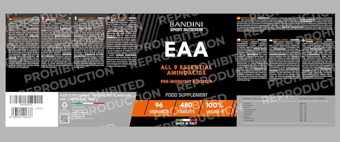 Bandini® EAA Essential Amino Acids | 480 Tablets for 96 Days Supply | with All 9 EAAs Intra Pre and Post Workout | Aminoacids Food Supplement for Sport | NO Additives, Vegan Friendly and Sugar-Free