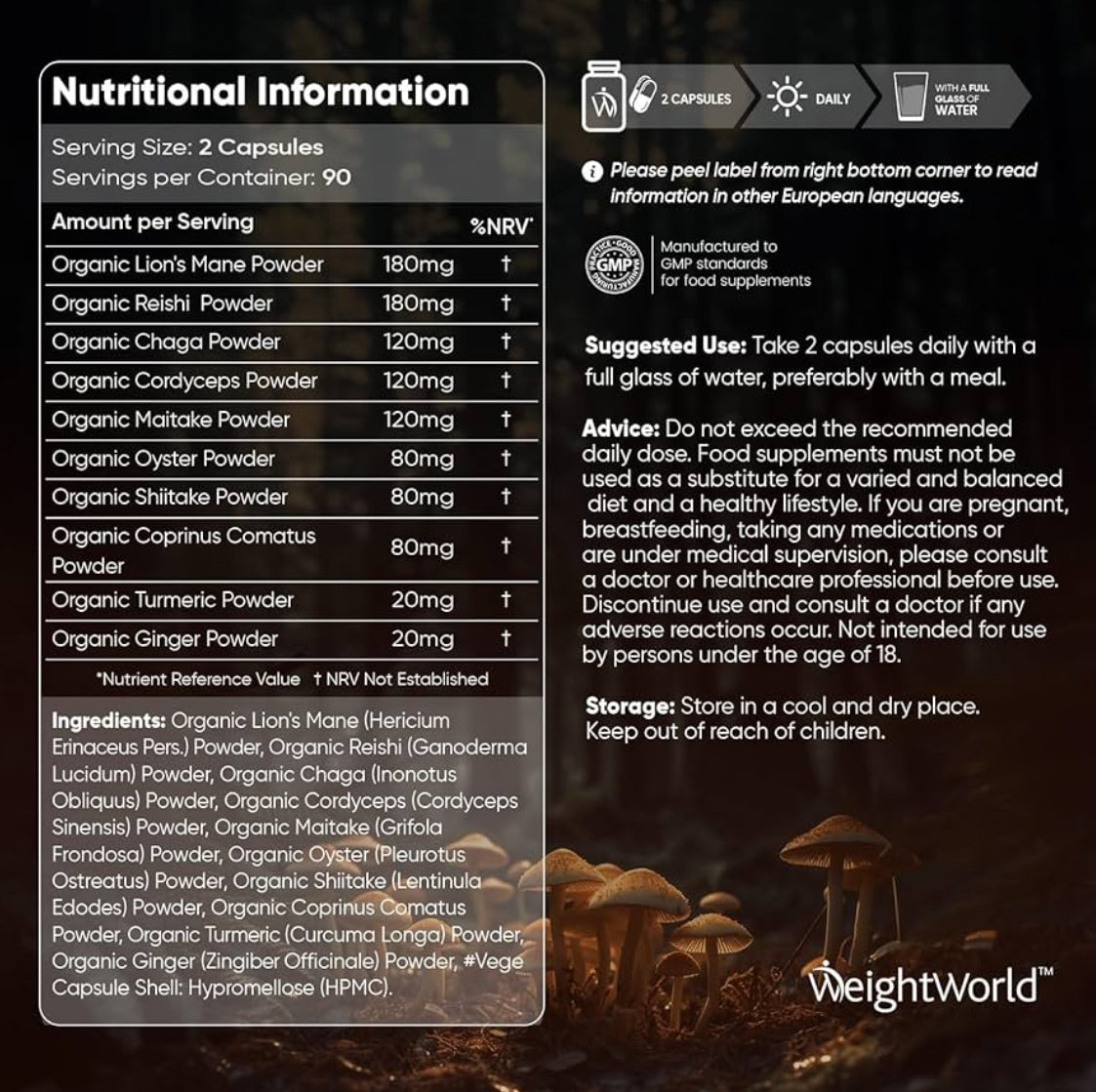 Organic Mushroom Complex 8-180 Capsules - 1000mg - Lion's Mane & 7 Mushroom Blends (Reishi, Chaga, Cordyceps, Shiitake, Oyster, Maitake & Coprinus) - Added Turmeric & Ginger - Vegan & Non-GMO