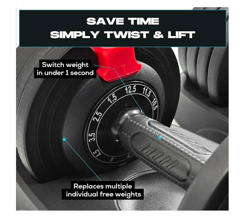 BRAINGAIN Adjustable Dumbbells Set 12.5kg / 24kg / 40kg Pair | Space Saving Adjustable Weights for Home Gym | Multiple Dumbbells in One | Smart Click Technology