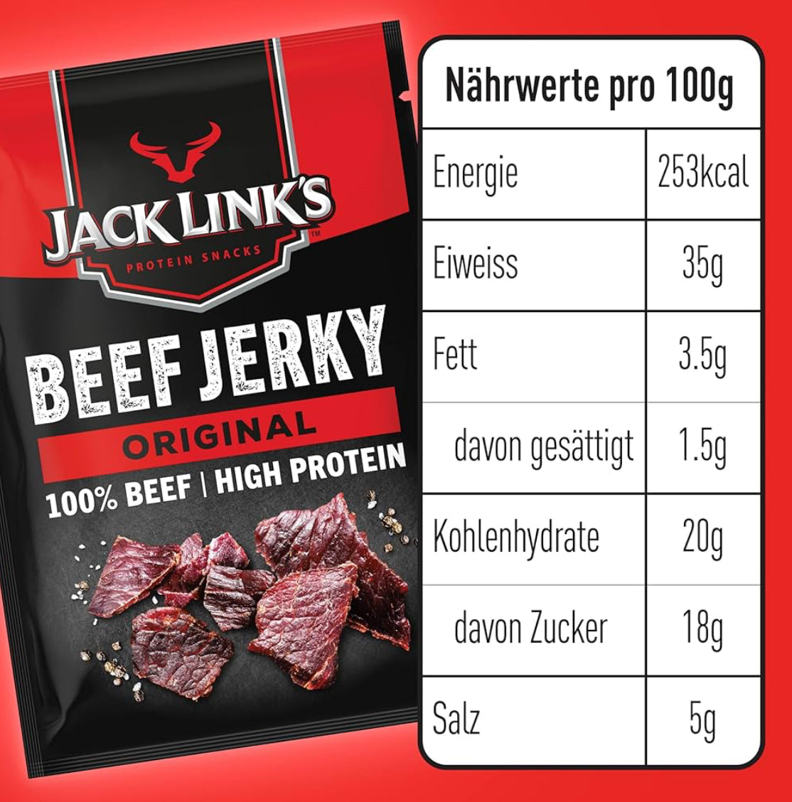 Jack Link's Beef Jerky, Original Flavour High Protein Meat Snack, Multipack Box of 12 x 25g Packs