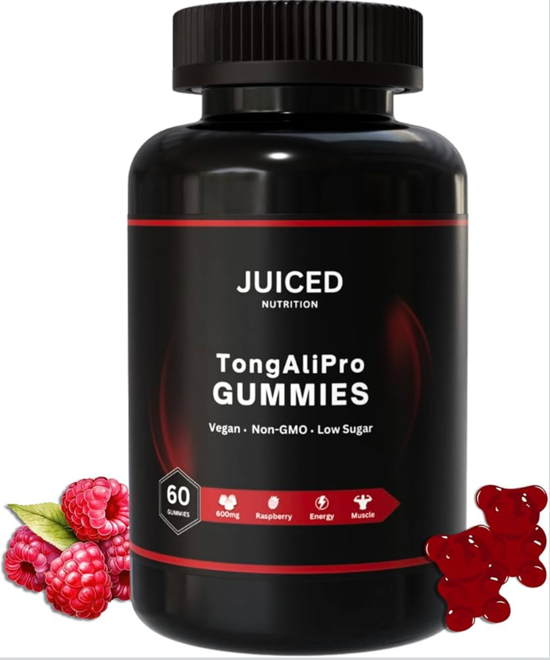 TongAliPro Gummies - 60 Gummies Raspberry Flavour - with Added Tribulus Terrestris - High Strength TongAli Root Extract 200:1 - Energy and Vitality for Men - Power and Strength
