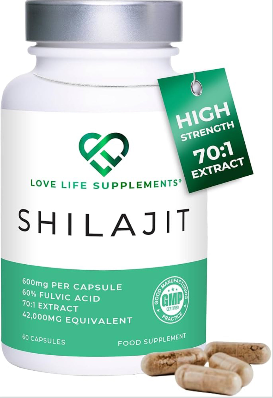 High Strength Shilajit Capsules, 60 x 600mg from 42,000mg Shilajit Resin, 2 Month Supply, 70:1 Extract, 60% Fulvic Acid, Pure Shilajit (Filler Free) - Love Life Supplements