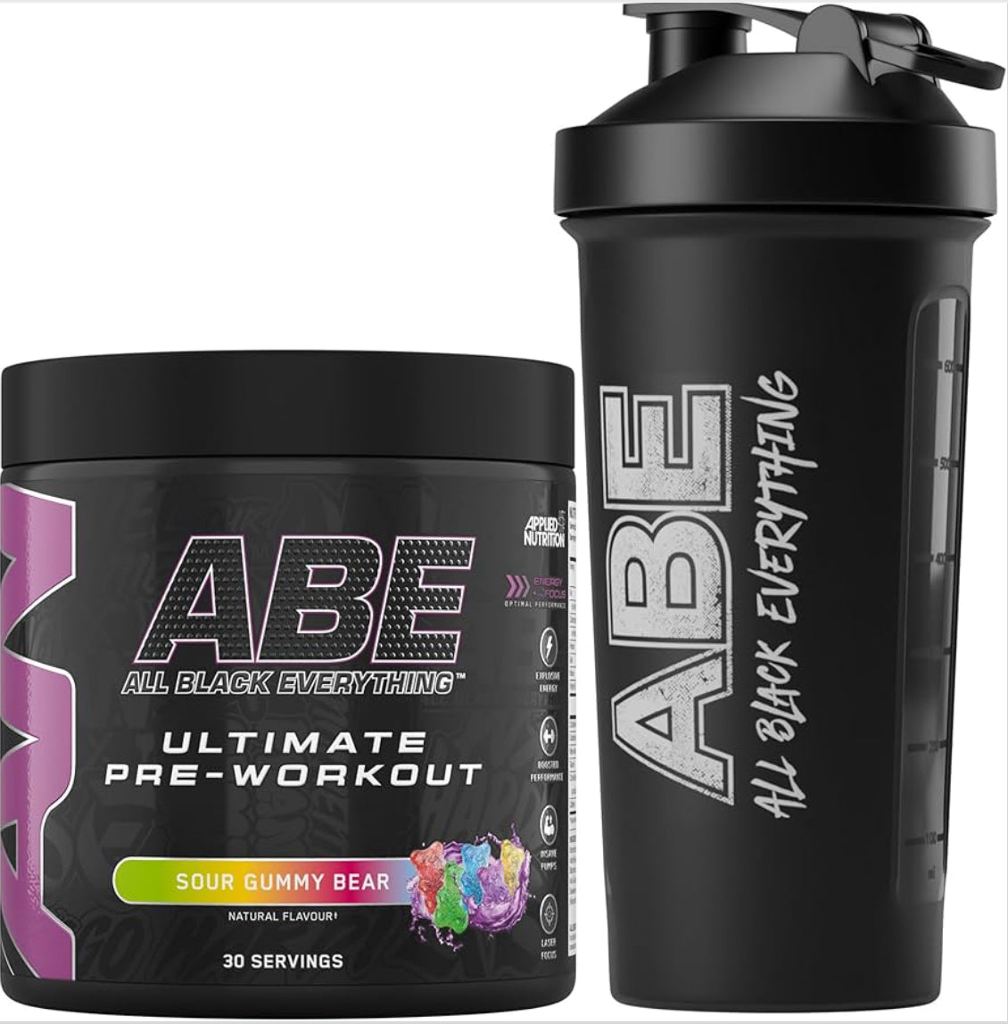 Applied Nutrition Bundle ABE Pre Workout 375g + ABE Black Shaker | All Black Everything Pre Workout Powder, Energy Drink, Physical Performance, Creatine, Beta Alanine, Caffeine