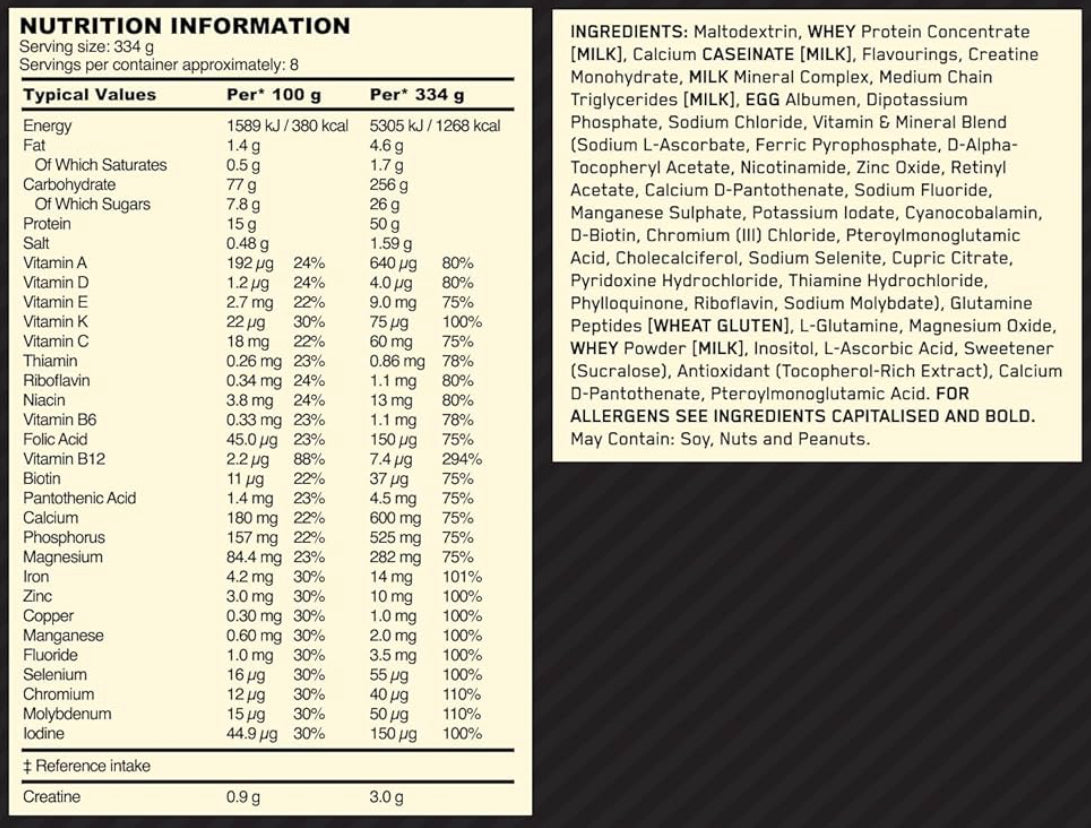 Optimum Nutrition Serious Mass Protein Powder High Calorie Mass Gainer with Vitamins, Creatine and Glutamine, 8 Servings, 2.73 kg