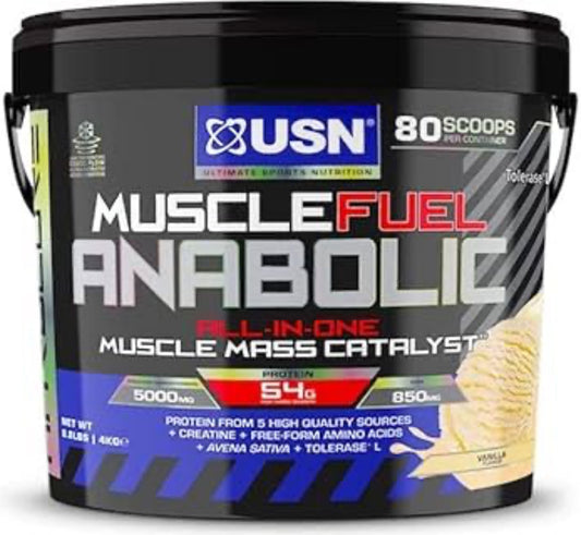 USN Muscle Fuel Anabolic All-In-One Muscle Mass Gainer - 4kg, 54g Protein Powder, 5g Creatine Powder & 5g BCAA Powder For Maximum Muscle Growth, Post Workout Recovery Drink Mix