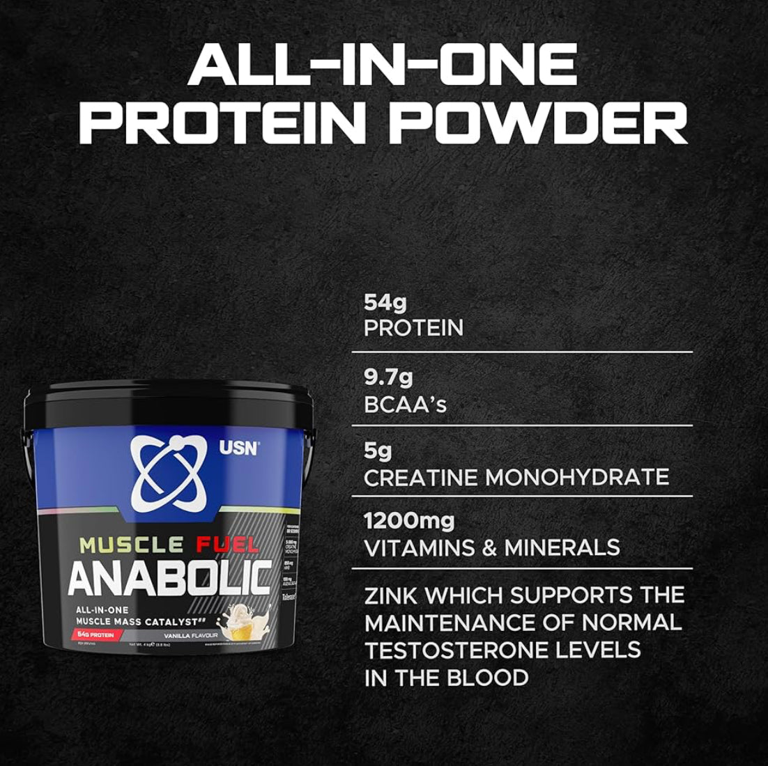 USN Muscle Fuel Anabolic All-In-One Muscle Mass Gainer - 4kg, 54g Protein Powder, 5g Creatine Powder & 5g BCAA Powder For Maximum Muscle Growth, Post Workout Recovery Drink Mix