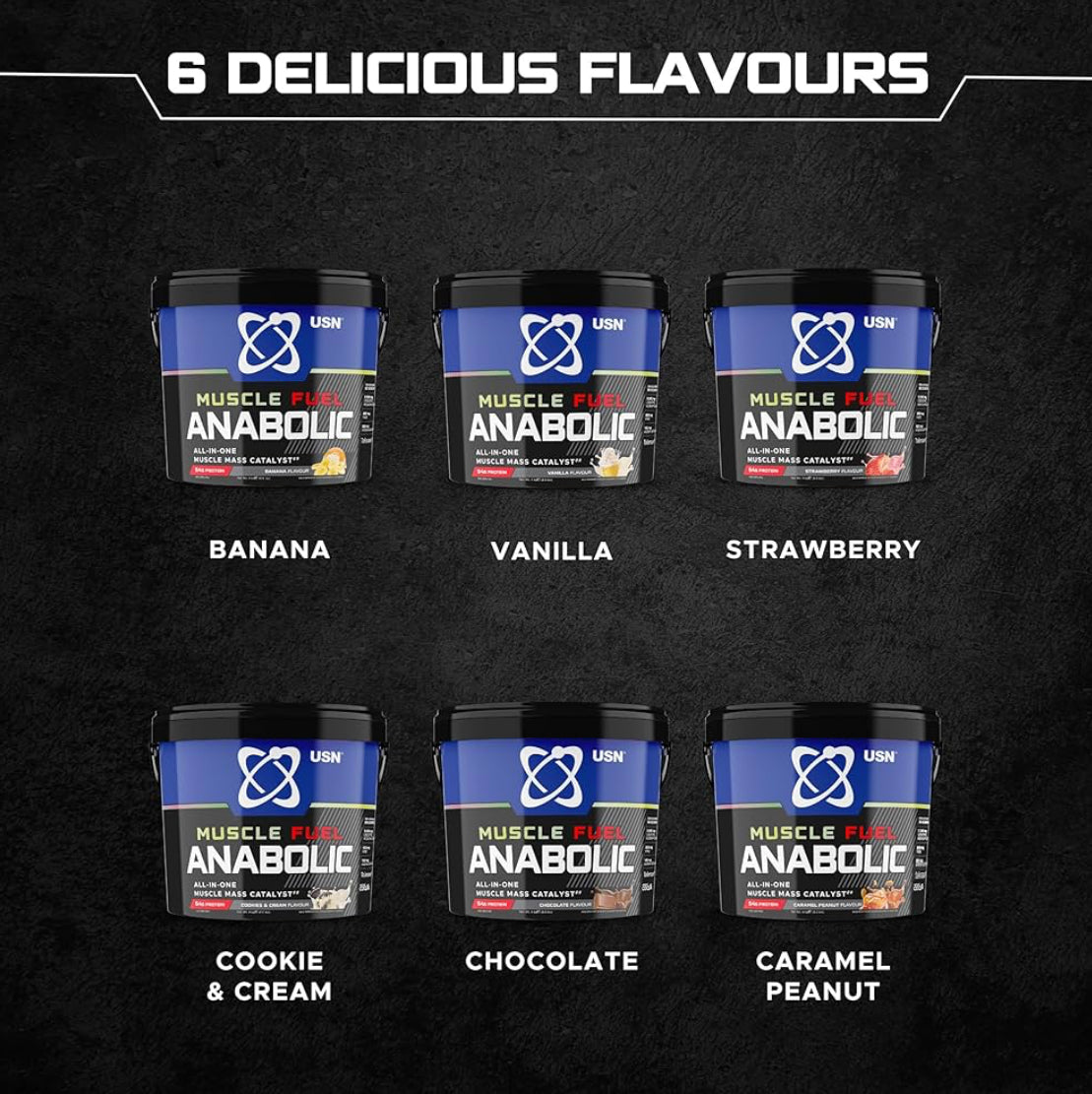 USN Muscle Fuel Anabolic All-In-One Muscle Mass Gainer - 4kg, 54g Protein Powder, 5g Creatine Powder & 5g BCAA Powder For Maximum Muscle Growth, Post Workout Recovery Drink Mix