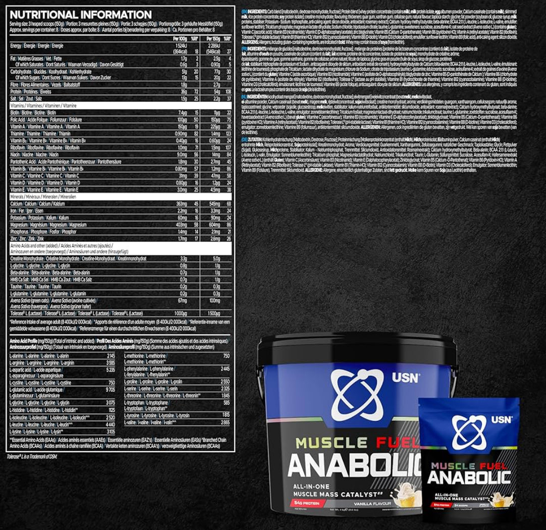 USN Muscle Fuel Anabolic All-In-One Muscle Mass Gainer - 4kg, 54g Protein Powder, 5g Creatine Powder & 5g BCAA Powder For Maximum Muscle Growth, Post Workout Recovery Drink Mix