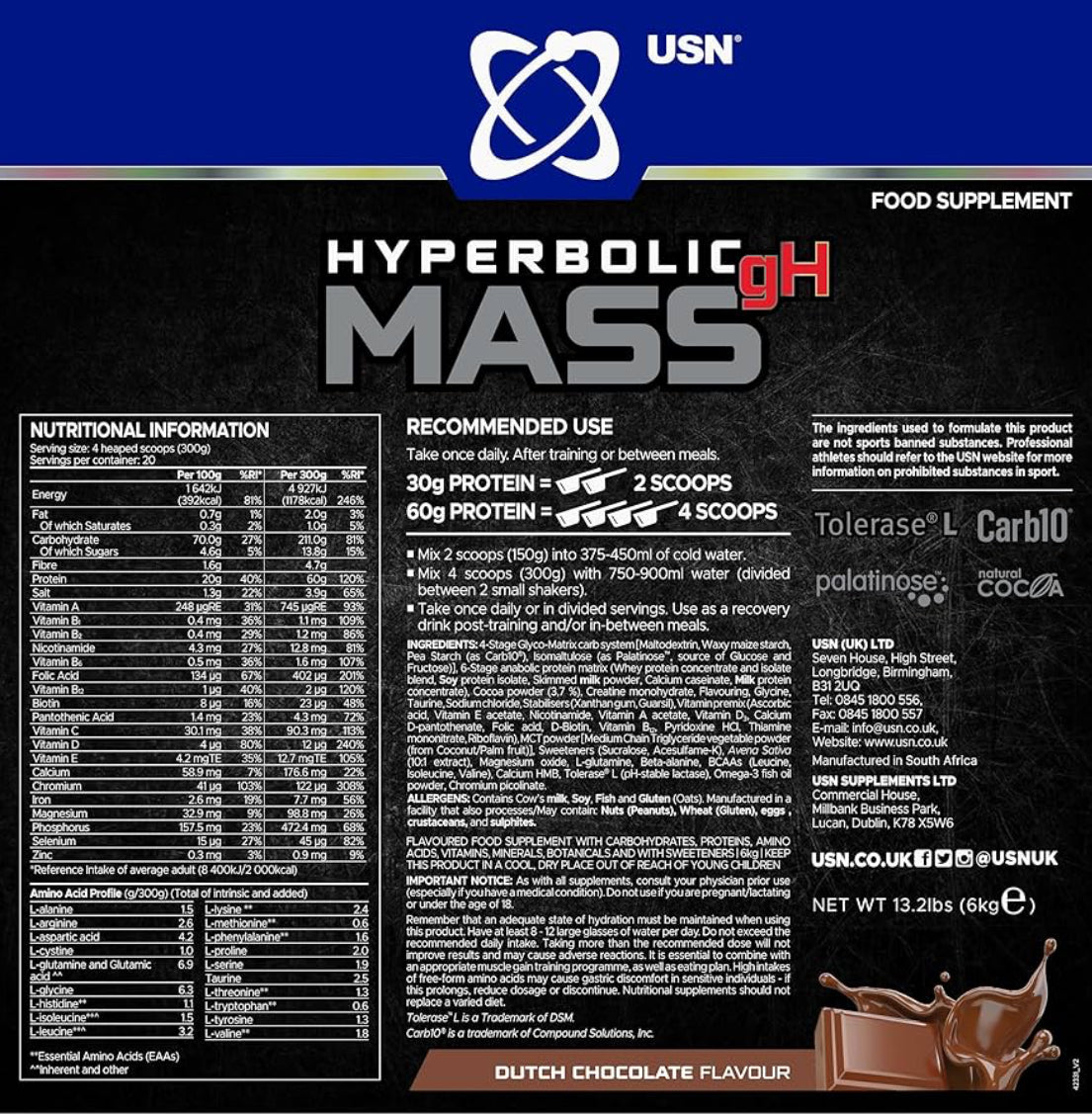 USN Hyperbolic Mass Dutch 6kg: High Calorie Mass Gainer Protein Powder for Muscle Building and Weight Gain - Improved Formula & Flavour with 7.5g Creatine Monohydrate and Less Sugar