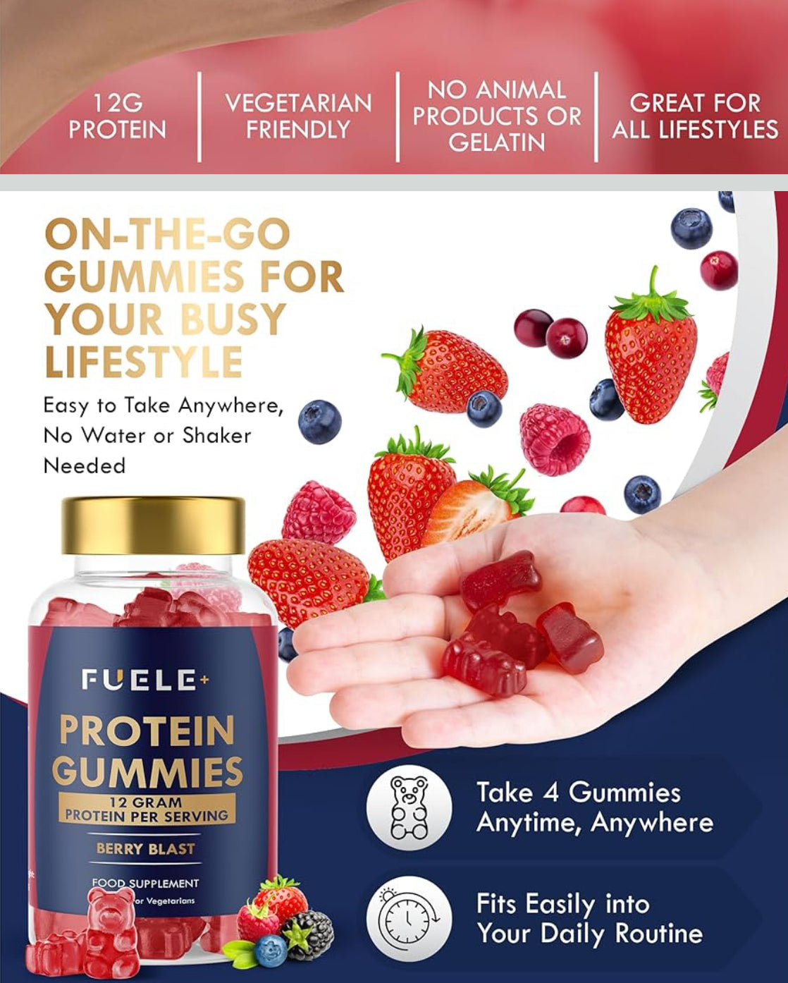 Whey Protein Gummies - Mixed Berry Flavour, 12g High Protein per Serving - Protein Powder Alternative, No Added Sugar, Vegetarian, Convenient Whey Protein Supplement, Muscle Recovery