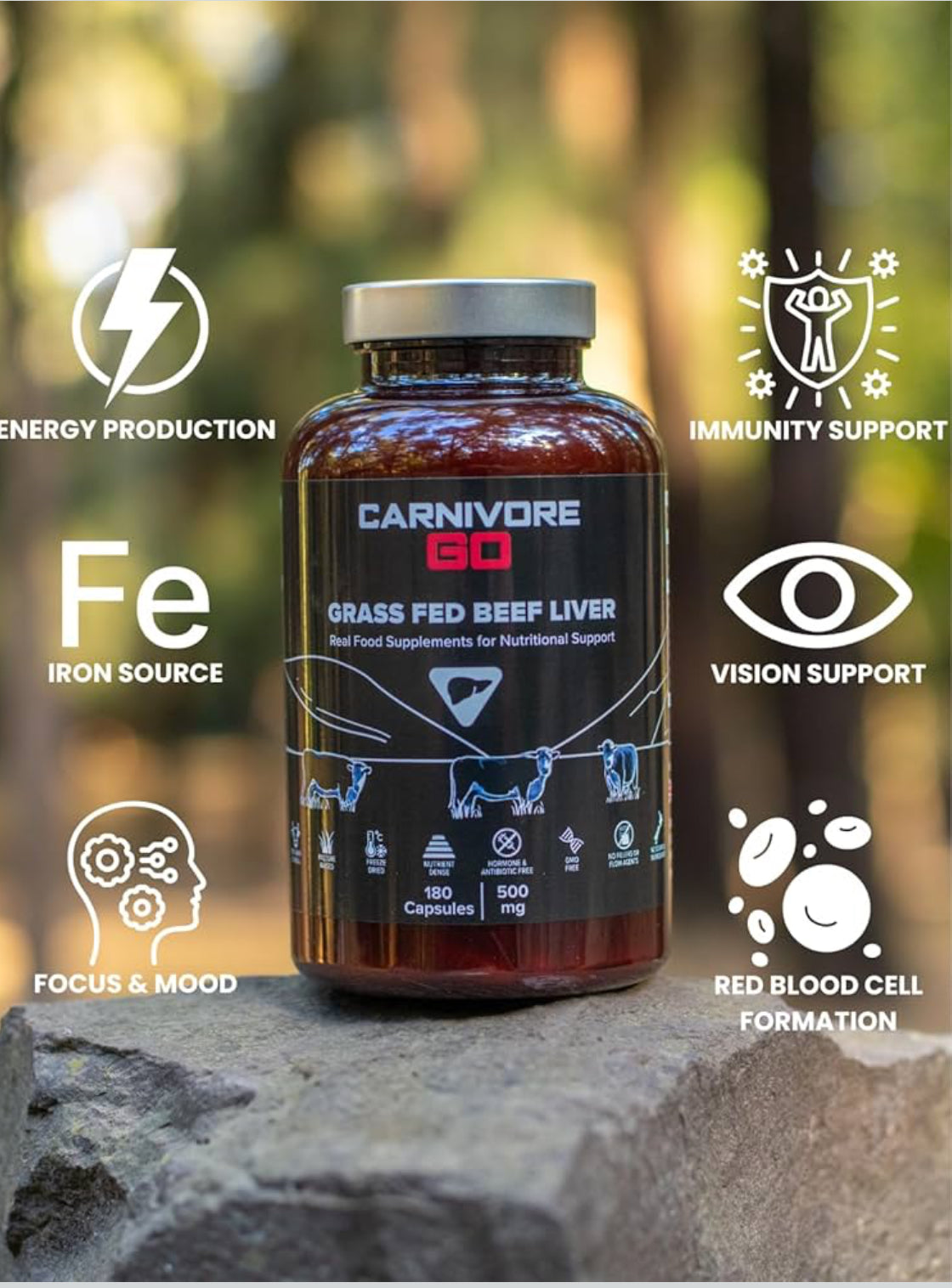 100% Grass Fed Beef Liver Capsules - for Energy, Immunity, Focus, Detoxification & Skin Health - 180, 500mg Desiccated Beef Liver Supplements - UK Made - No GMO, Hormones, Antibiotics
