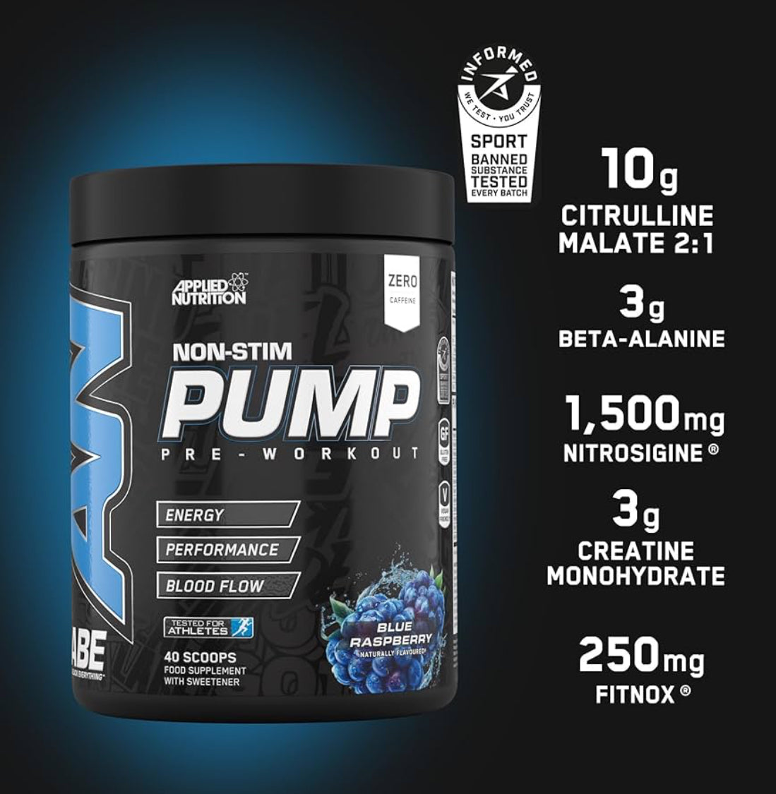 Applied Nutrition ABE Pump Pre Workout - All Black Everything Stim Free Pump Pre Workout Powder | Pump, Energy & Strength with Citrulline, Creatine, Beta-Alanine (500g - 40 Servings)