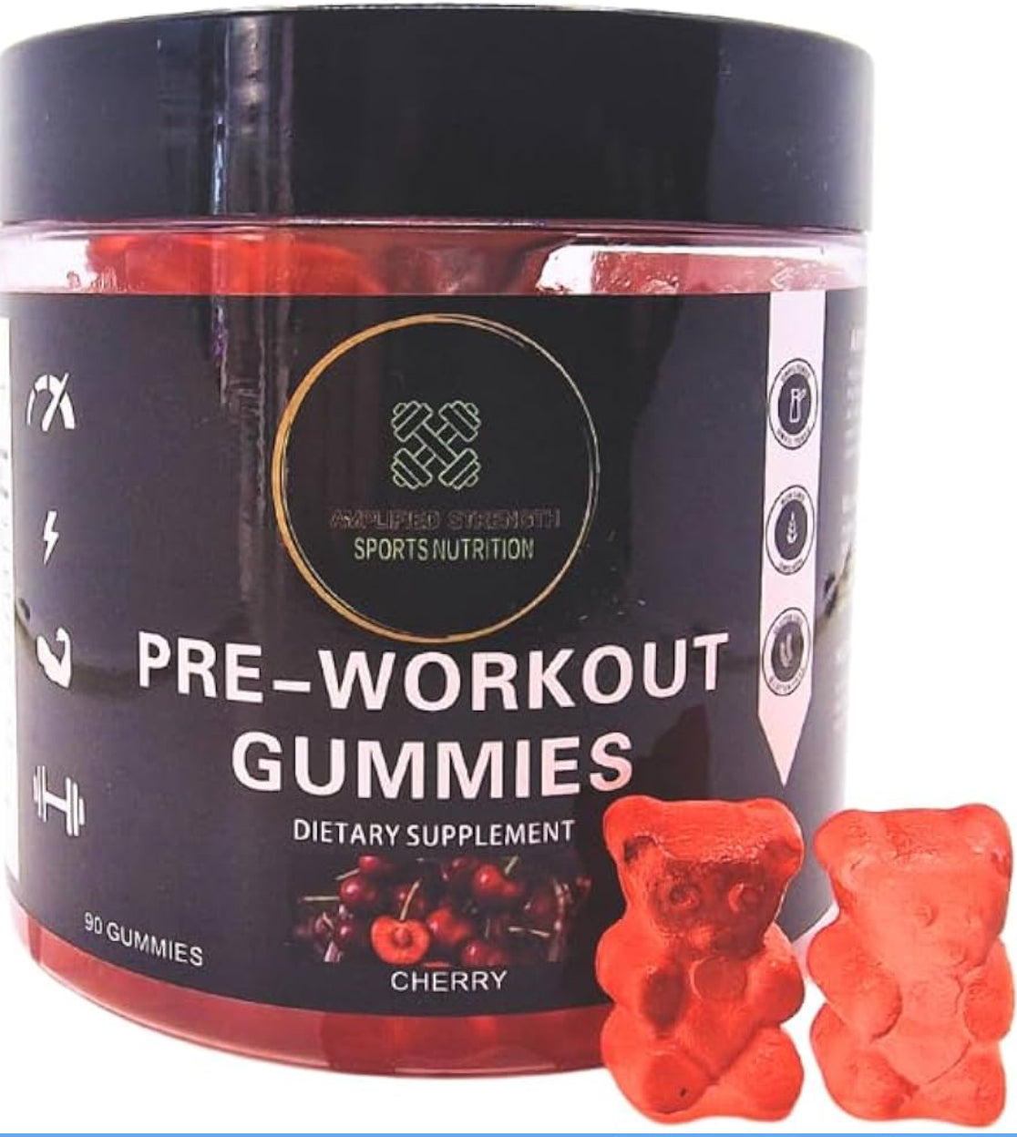 Amplified Strength - Pre-Workout Gummies - 90 Gummies - Cherry Flavour - B12 - Amino - Guarana - Fitness - Workout - Gym