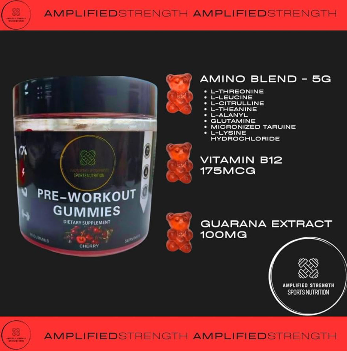 Amplified Strength - Pre-Workout Gummies - 90 Gummies - Cherry Flavour - B12 - Amino - Guarana - Fitness - Workout - Gym