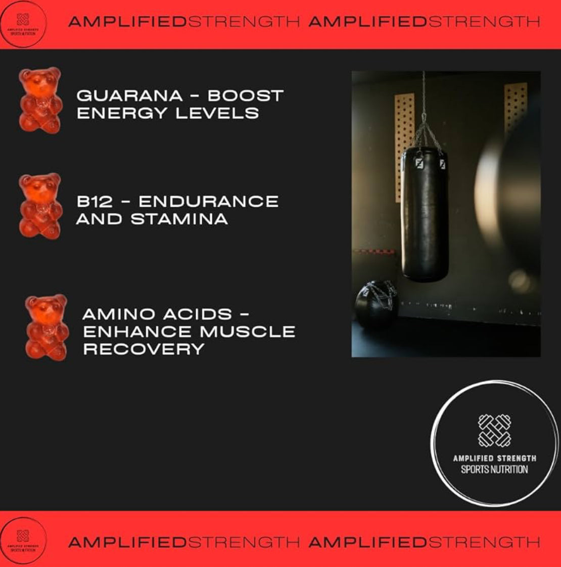 Amplified Strength - Pre-Workout Gummies - 90 Gummies - Cherry Flavour - B12 - Amino - Guarana - Fitness - Workout - Gym