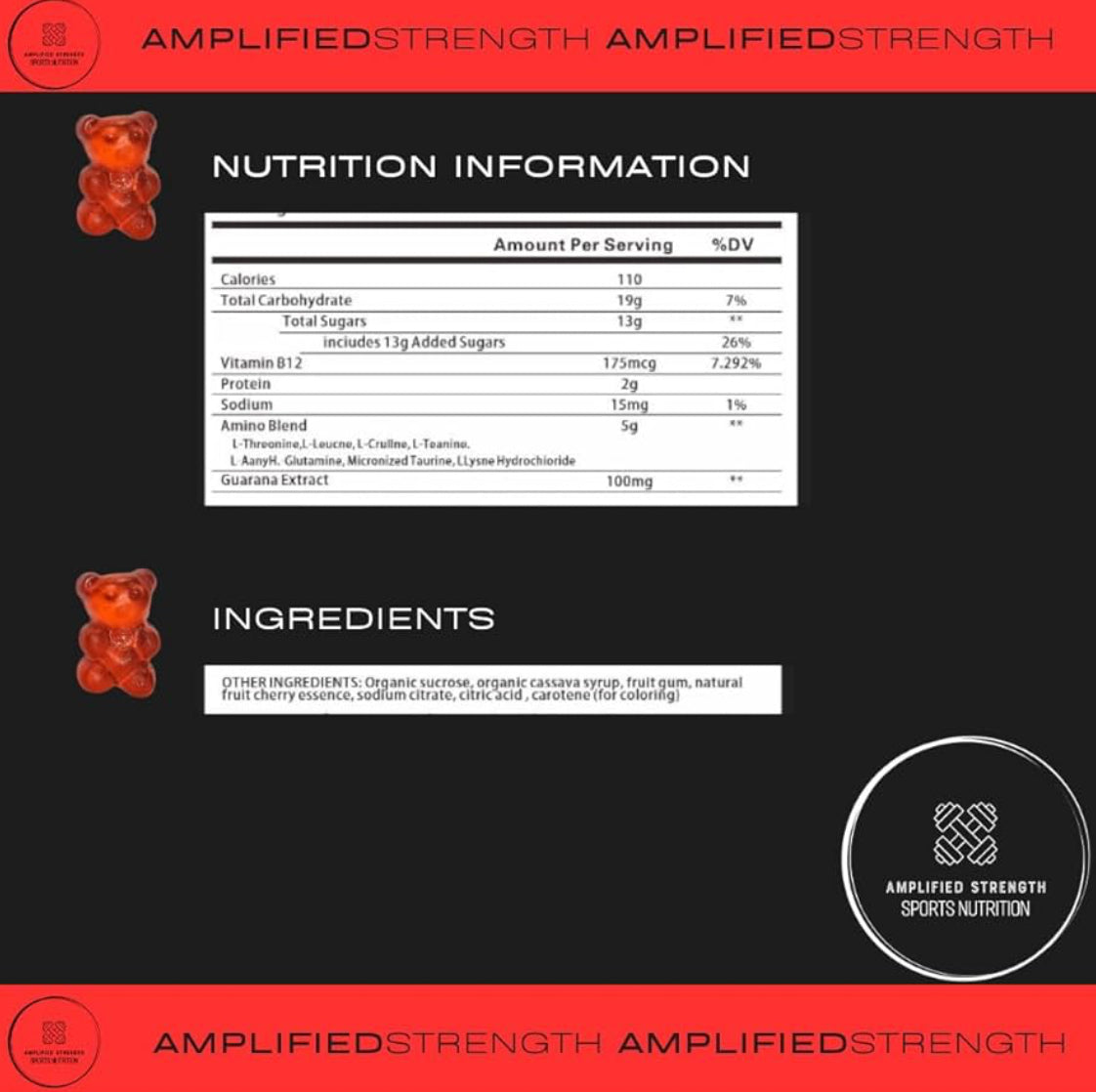 Amplified Strength - Pre-Workout Gummies - 90 Gummies - Cherry Flavour - B12 - Amino - Guarana - Fitness - Workout - Gym