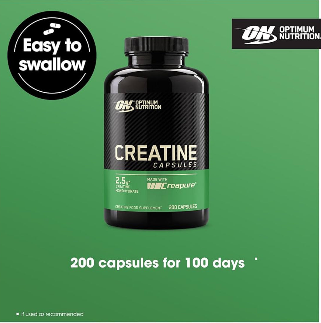 Optimum Nutrition Creatine Capsules with 2500 mg of Unflavoured Creatine Monohydrate per Serving, Creatine Food Supplement Capsules to support performance, 100 Servings, 200 Capsules