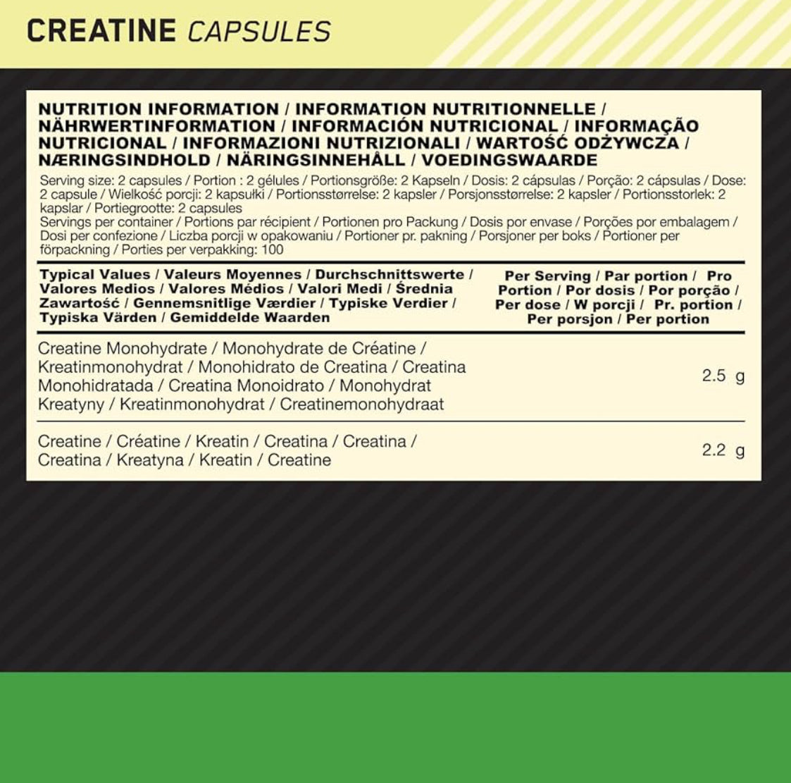 Optimum Nutrition Creatine Capsules with 2500 mg of Unflavoured Creatine Monohydrate per Serving, Creatine Food Supplement Capsules to support performance, 100 Servings, 200 Capsules