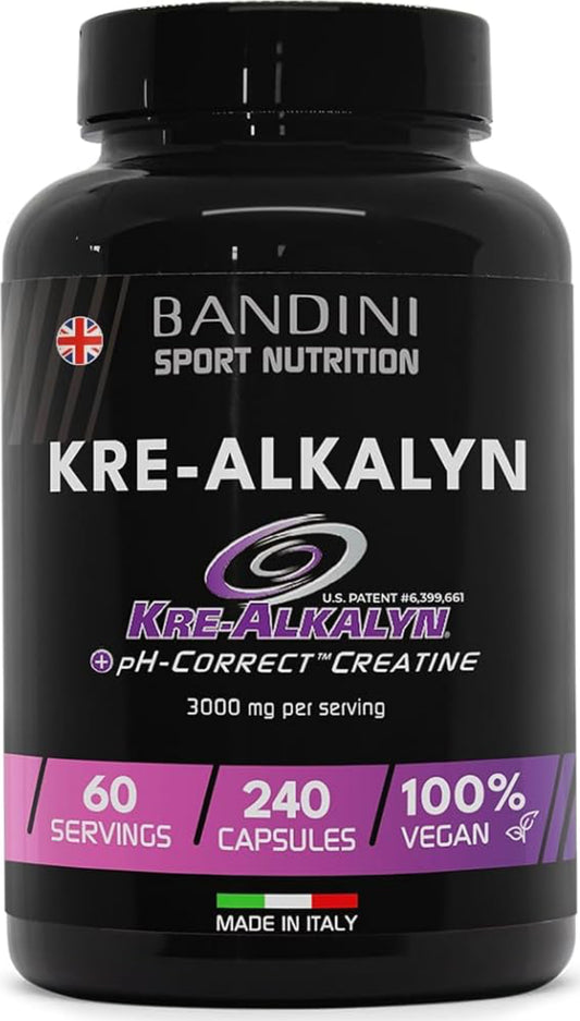 Bandini® Kre-Alkalyn® 240 Capsules - Buffered Alkaline Creatine - for Training, Sport, Gym and Pre Workout - 100% Vegan - Kre Alkalyn Based on buffered Creatine Monohydrate - Produced in Italy