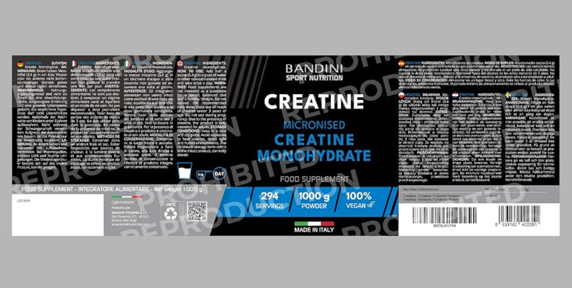 Bandini® Creatine Monohydrate Powder 1kg/1000g | Pure Creatin Micronised | Improve Training, Sports, Gym, Pre Workout, Physical Performance and Recovery | Muscle Power & Strength | 100% Vegan | No GMO