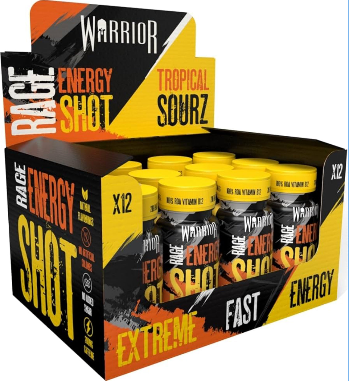 Warrior Rage Energy Shots - Pre Workout Shot Drink 12 x 60ml - RTD Fuel Juice Supplement (Liquid not Gels) - 200mg Caffeine to Lift Sessions and Running - Contains Vitamin B6 & B12
