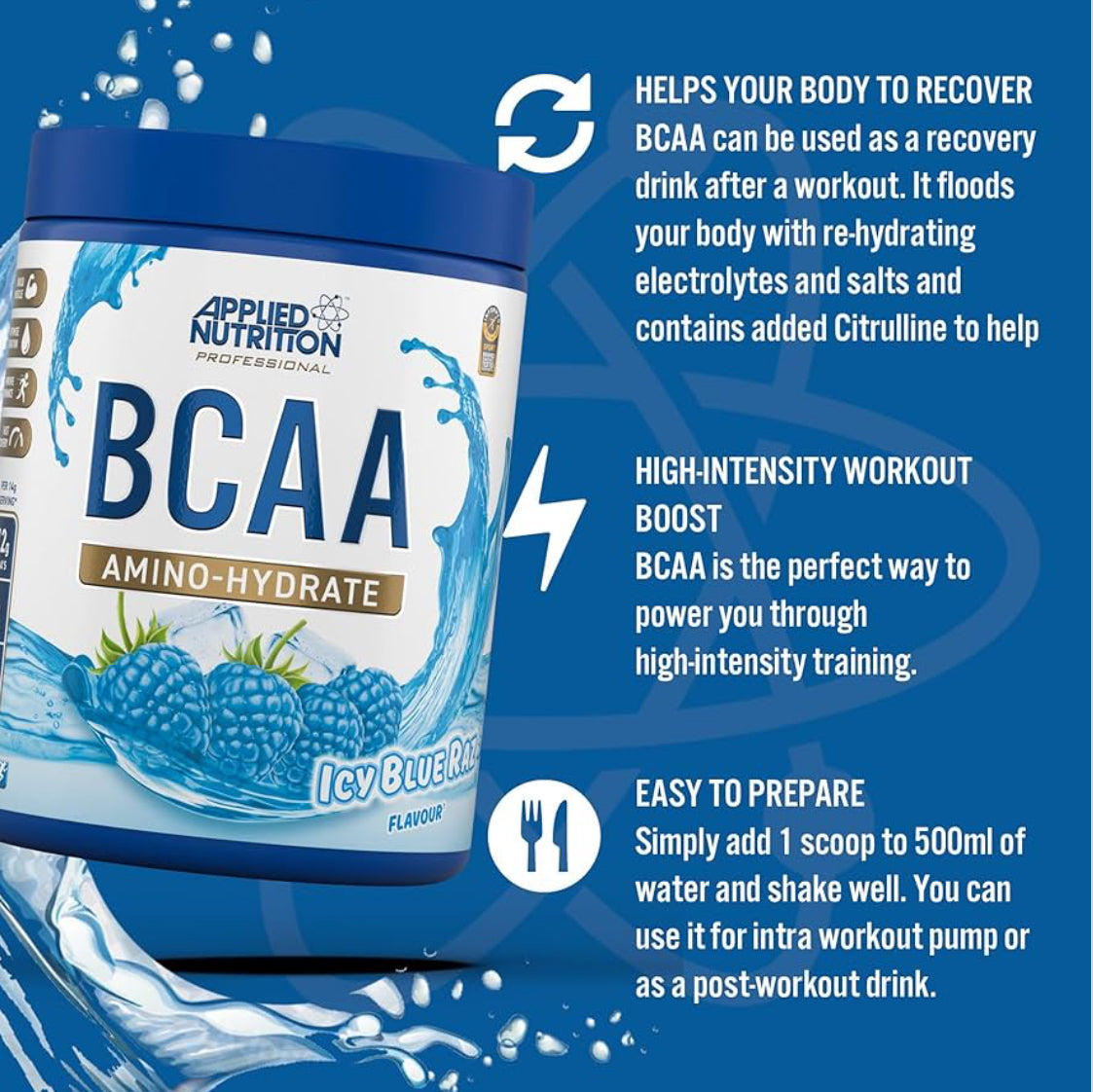 Applied Nutrition BCAA Powder - Branched Chain Amino Acids BCAAs Supplement, Amino Hydrate Intra Workout & Recovery Energy Drink (450g - 32 Servings)