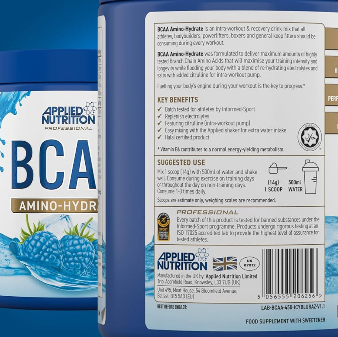 Applied Nutrition BCAA Powder - Branched Chain Amino Acids BCAAs Supplement, Amino Hydrate Intra Workout & Recovery Energy Drink (450g - 32 Servings)
