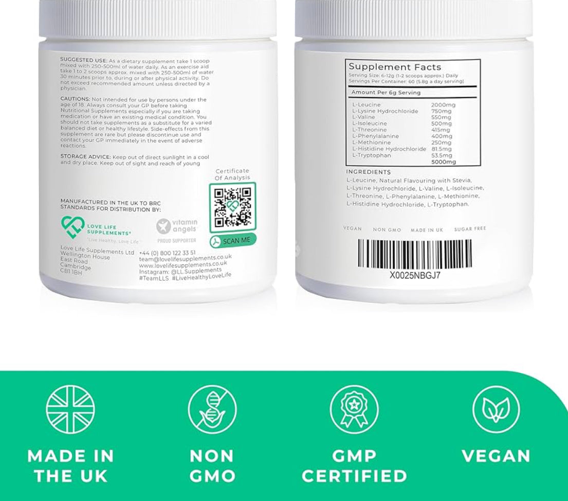 EAA Amino Acids Powder, All 9 Essential Amino Acids Including BCAA's and 2 Grams of Leucine per Serving, 348g - 60 Servings (5g of EAA's per Serving) - Love Life Supplements