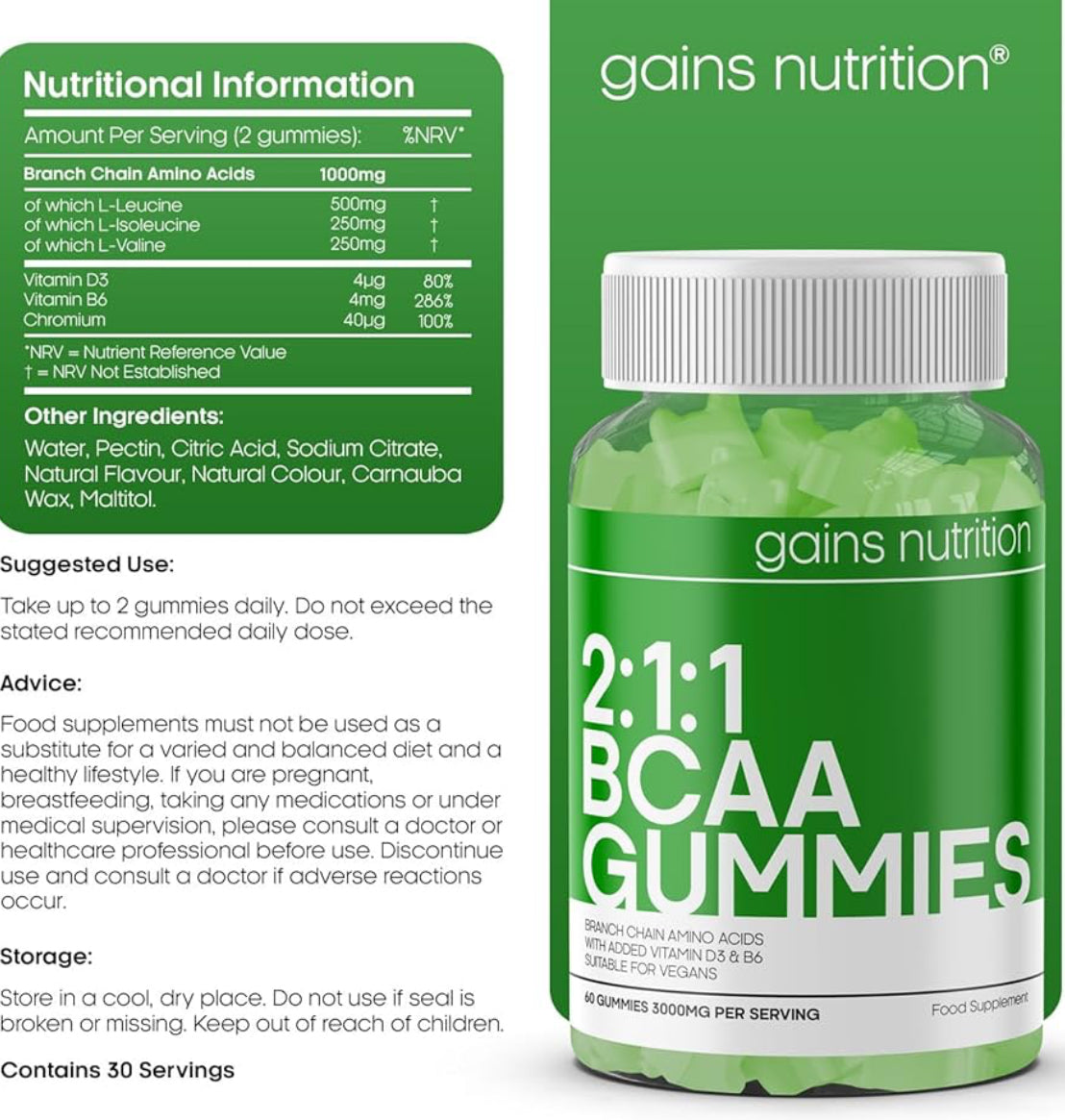 GN BCAA Gummies | 60 BCAA Amino Acid Supplements - 1000mg Branch Chain Amino Acids per Serving - L-Leucine, L-Isoleucine & L-Valine | Apple Favour, Non-GMO & Suitable for Vegans and Vegetarians