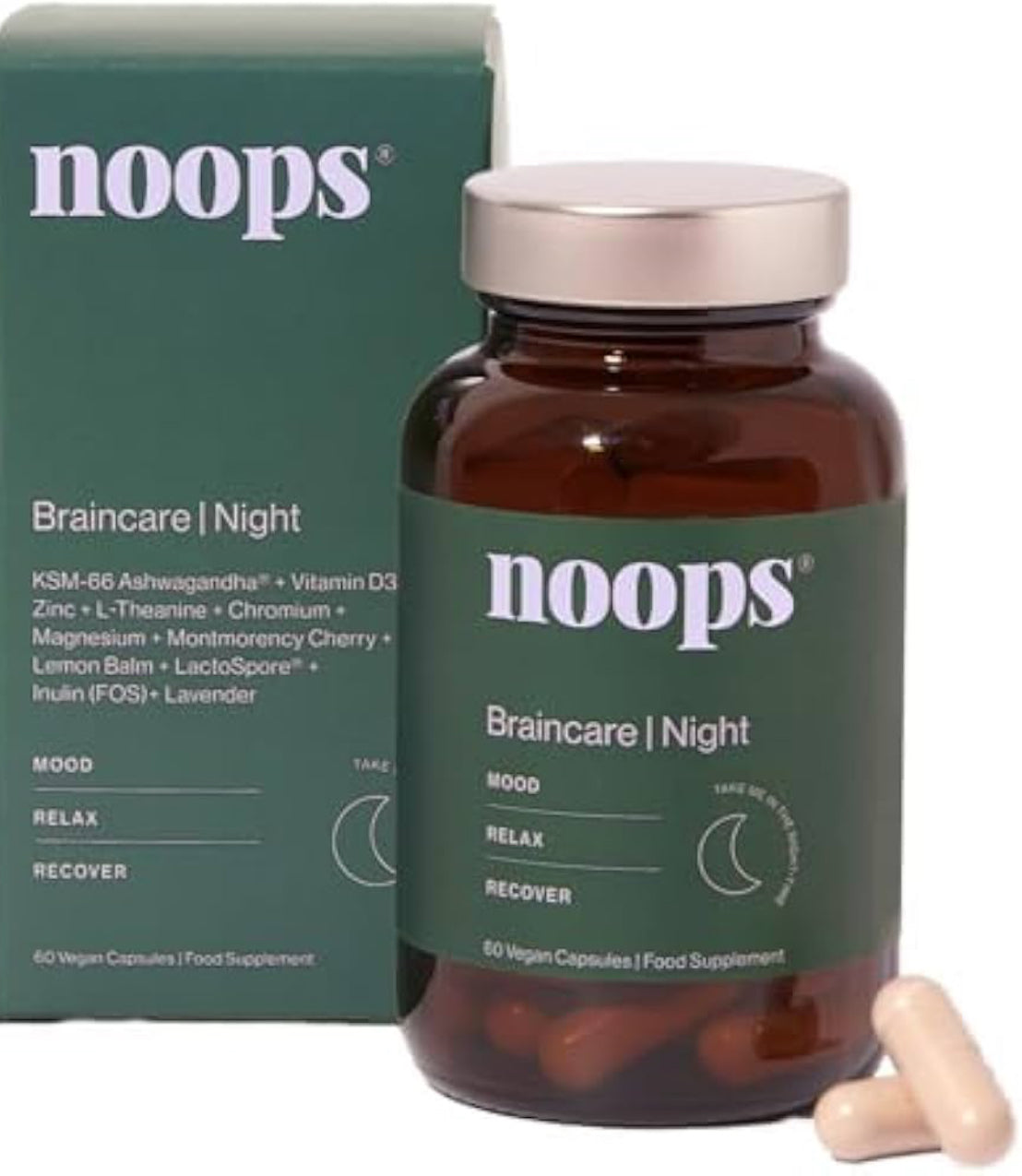 Noops Nootropics BrainCare Night for Mood & Relaxation - L-Theanine, Ashwagandha KSM-66, Vitamin D, Zinc, Montmorency Cherry, Magnesium Glycinate, Lemon Balm & Lavender Supplement, 60 Capsules