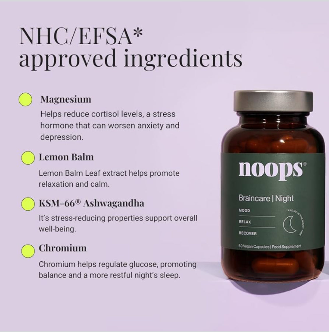 Noops Nootropics BrainCare Night for Mood & Relaxation - L-Theanine, Ashwagandha KSM-66, Vitamin D, Zinc, Montmorency Cherry, Magnesium Glycinate, Lemon Balm & Lavender Supplement, 60 Capsules