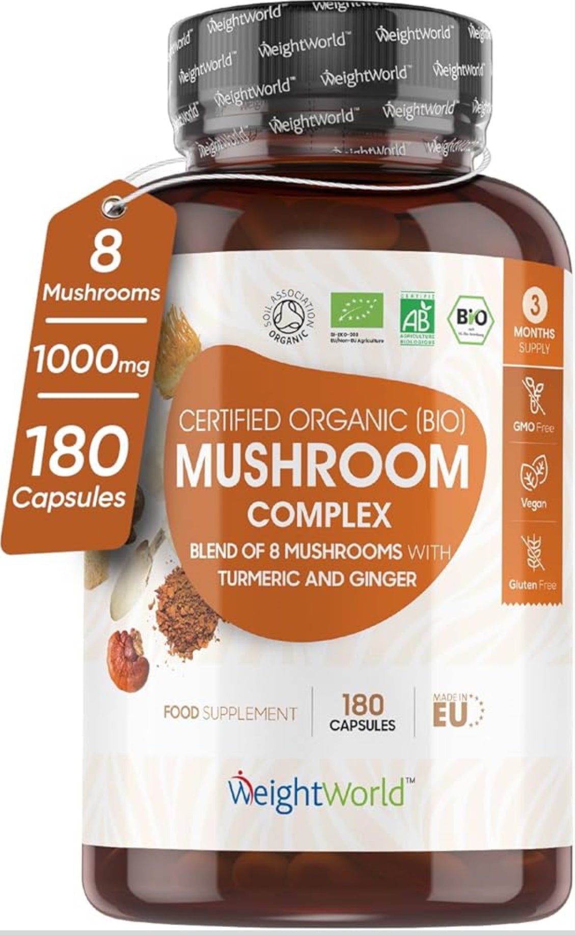 Organic Mushroom Complex 8-180 Capsules - 1000mg - Lion's Mane & 7 Mushroom Blends (Reishi, Chaga, Cordyceps, Shiitake, Oyster, Maitake & Coprinus) - Added Turmeric & Ginger - Vegan & Non-GMO