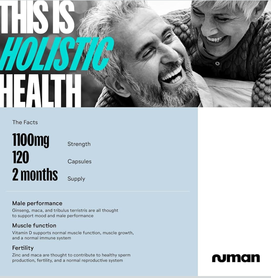 Numan Testosterone Pro - Maca Root, Tribulus Terrestris, Zinc, Ginseng - Testosterone Supplements for Men, Essential Vitamins & Minerals - 1100mg per Serving - 120 Capsules