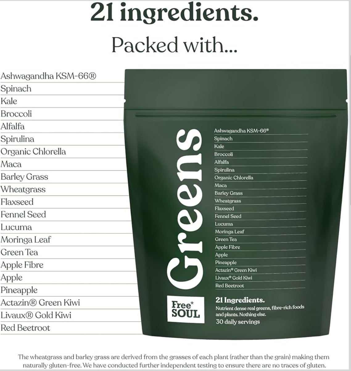 Free Soul Greens | 21 Advanced Greens, Superfoods, and Adaptogens Including KSM-66 Ashwagandha, Vegan & Gluten-Free, Advanced Natural Formula | UK Made | 30 Servings