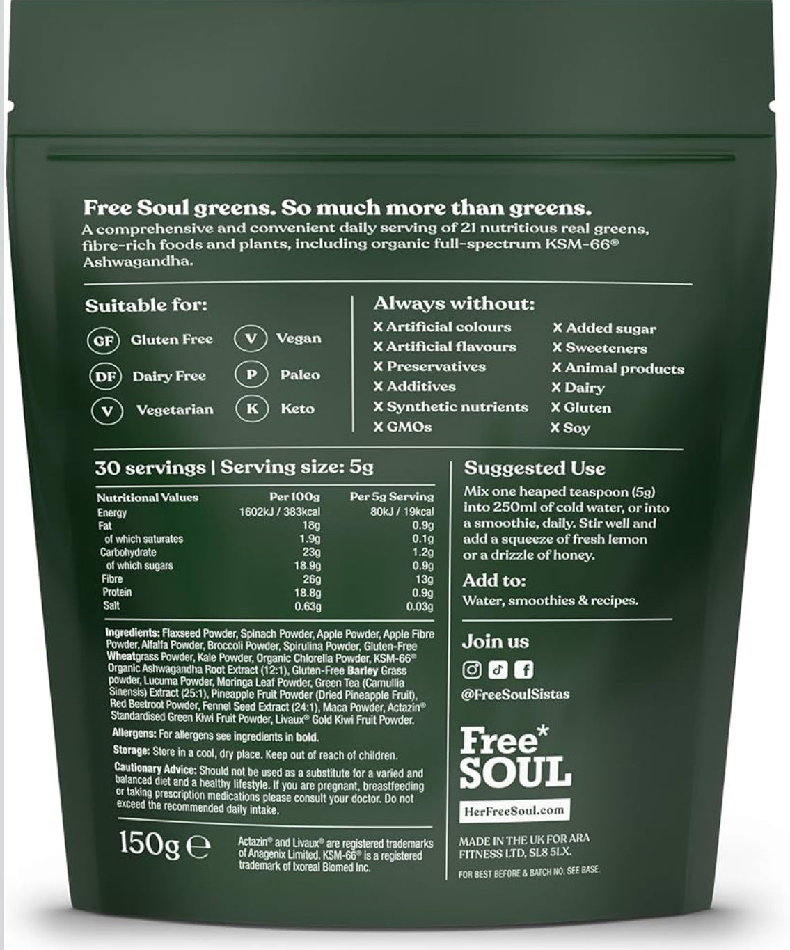 Free Soul Greens | 21 Advanced Greens, Superfoods, and Adaptogens Including KSM-66 Ashwagandha, Vegan & Gluten-Free, Advanced Natural Formula | UK Made | 30 Servings