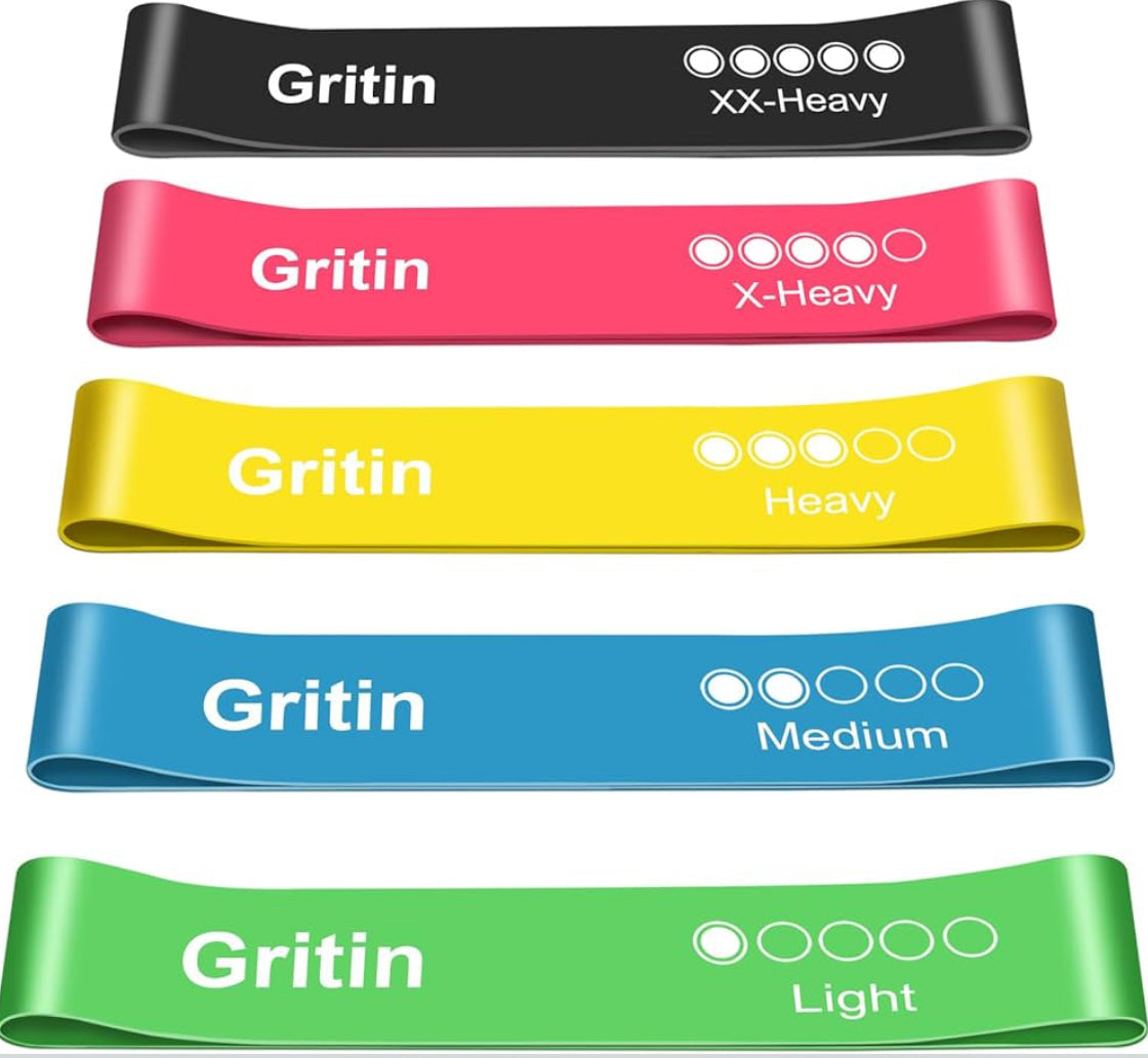 Gritin Resistance Bands, Set of 5 Skin-Friendly Resistance Fitness Exercise Loop Bands with 5 Different Strength Levels - Carrying Case Included - Ideal for Home, Gym, Yoga, Training