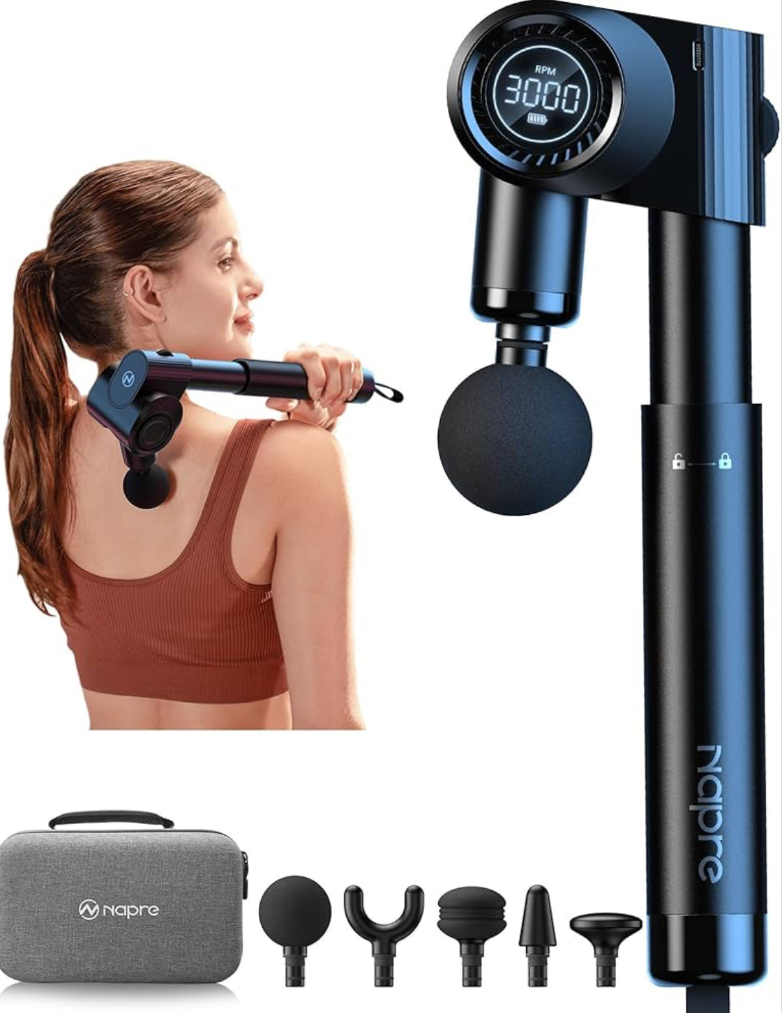 Massage Gun Deep Tissue,Muscle Massage Gun,Portable Percussion Back Massager for Neck/Body Pain Relief with Long Extended Metal Handle,32 Speeds, Foldable with 5 Adjustable Angles, with Carry Case
