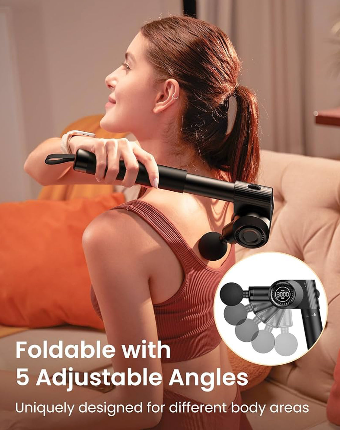 Massage Gun Deep Tissue,Muscle Massage Gun,Portable Percussion Back Massager for Neck/Body Pain Relief with Long Extended Metal Handle,32 Speeds, Foldable with 5 Adjustable Angles, with Carry Case