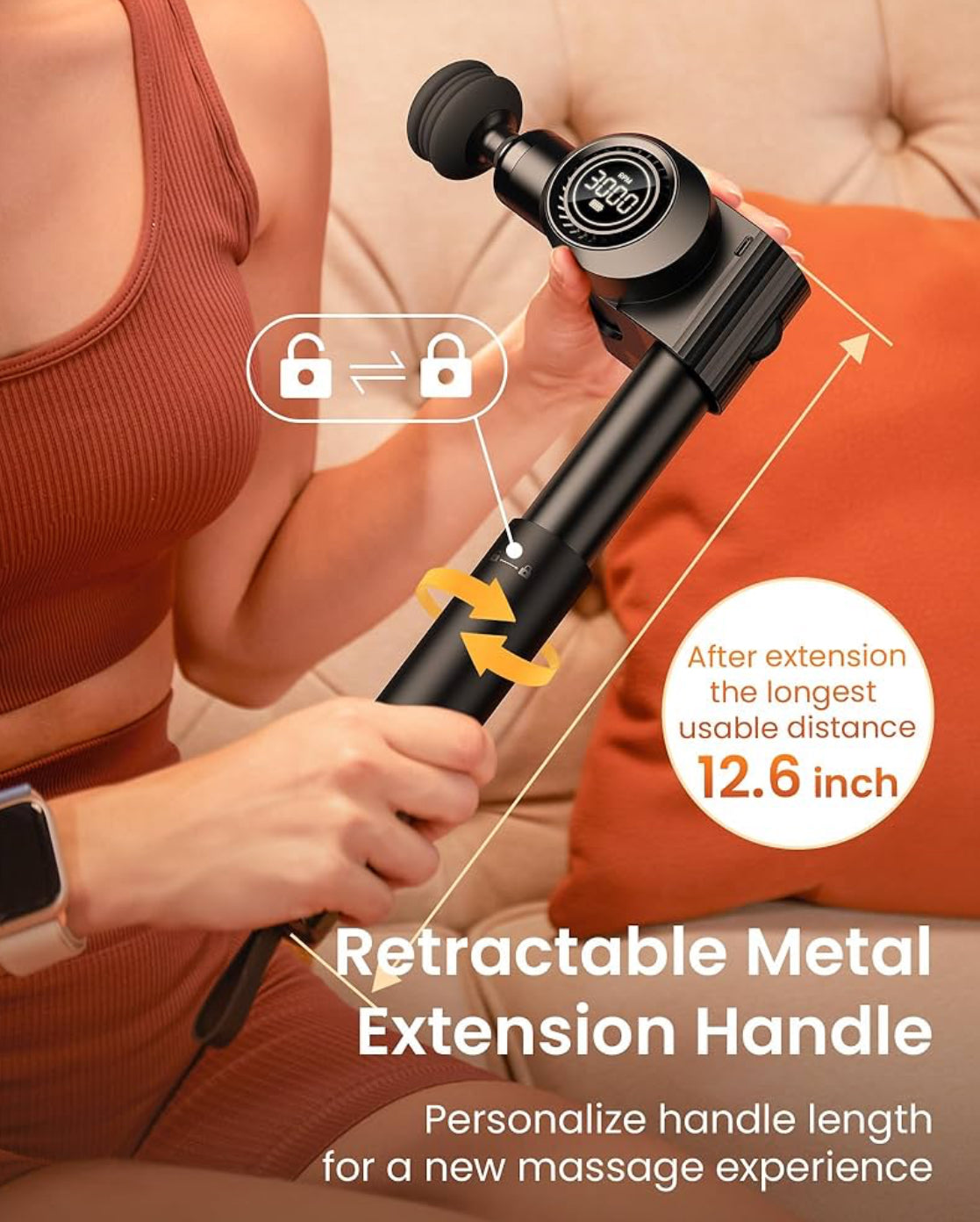 Massage Gun Deep Tissue,Muscle Massage Gun,Portable Percussion Back Massager for Neck/Body Pain Relief with Long Extended Metal Handle,32 Speeds, Foldable with 5 Adjustable Angles, with Carry Case