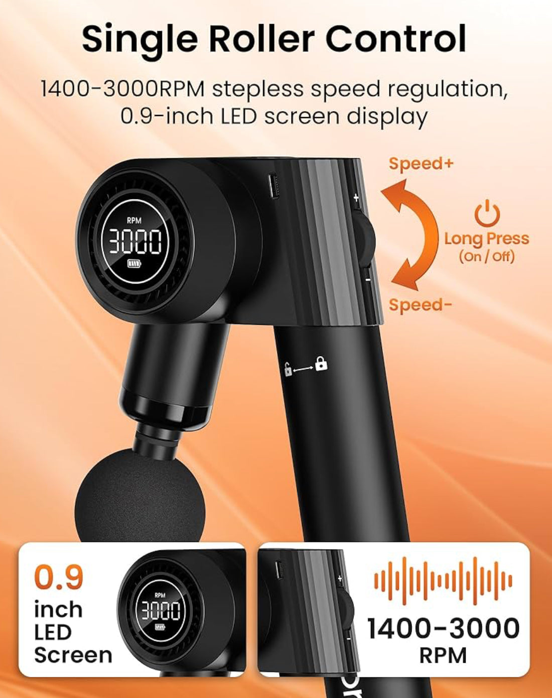 Massage Gun Deep Tissue,Muscle Massage Gun,Portable Percussion Back Massager for Neck/Body Pain Relief with Long Extended Metal Handle,32 Speeds, Foldable with 5 Adjustable Angles, with Carry Case