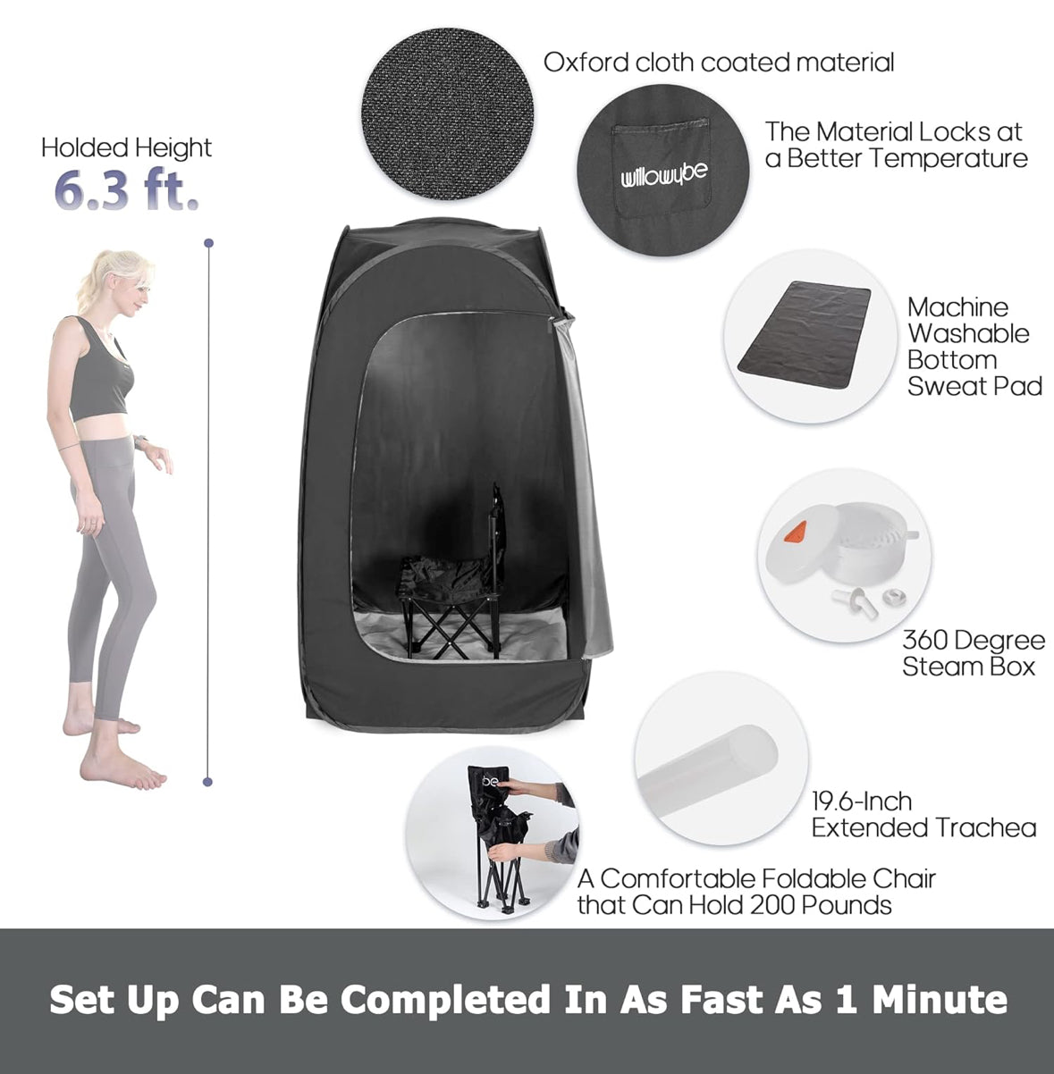 WILLOWYBE Portable Steam Sauna, Personal Home Spa Room With Bluetooth, Steamer, Sweat Tent, Foldable Sauna Chair, Personal Sauna For Home (Black)