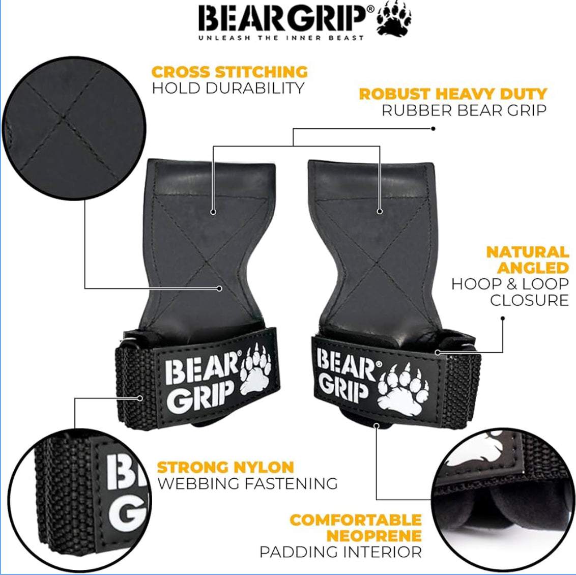 BEAR GRIP Multi Grip Straps/Hooks, Premium Heavy duty weight lifting straps/gloves