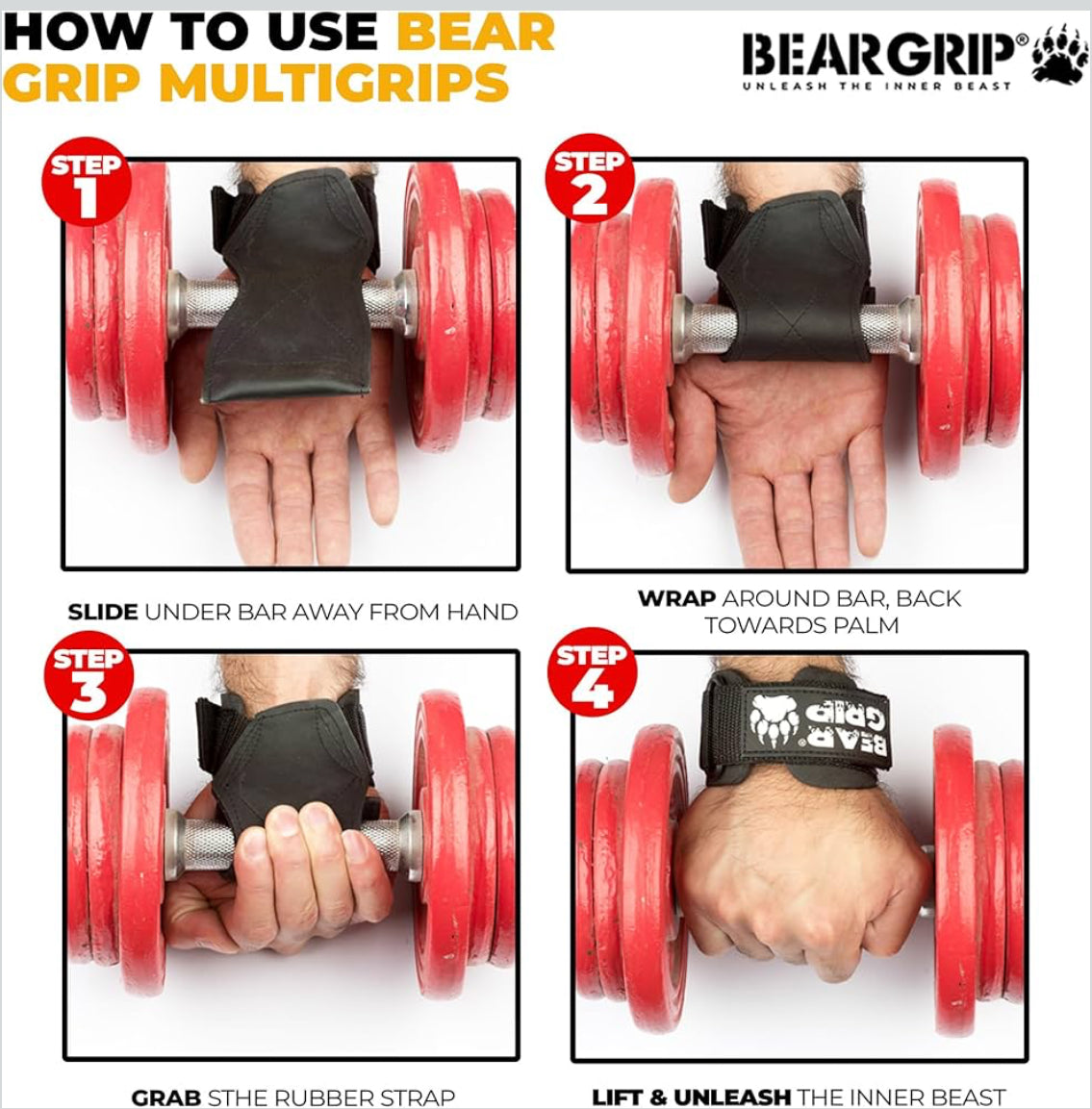 BEAR GRIP Multi Grip Straps/Hooks, Premium Heavy duty weight lifting straps/gloves