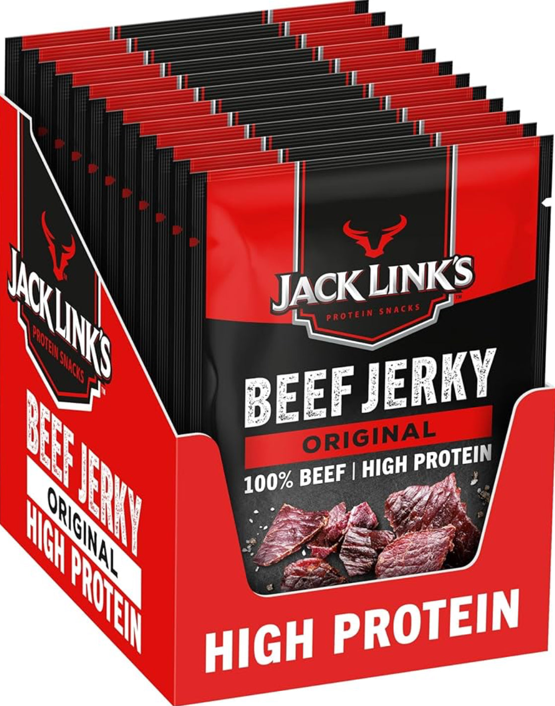 Jack Link's Beef Jerky, Original Flavour High Protein Meat Snack, Multipack Box of 12 x 25g Packs