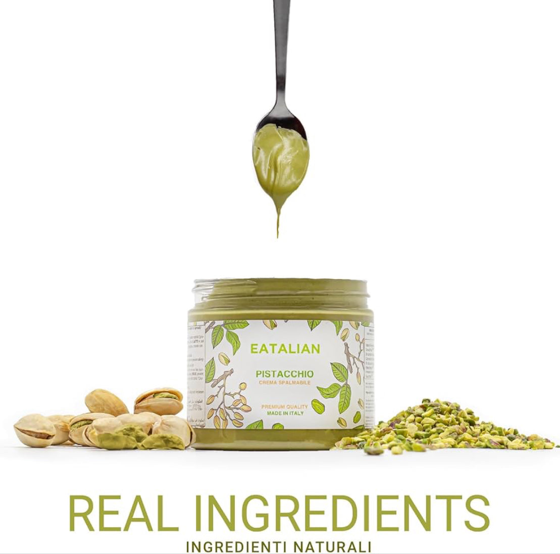 EATALIAN by AMZ BETTER Protein Pistachio Cream CRUNCHY 200 gr, Spreadable Cream with Pistachio Granules, Sweet Taste, Ideal on Bread, for Filling Desserts, Dubai Chocolate, Made in Italy