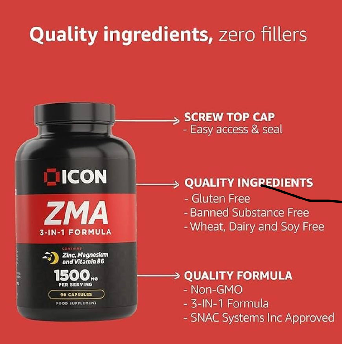ICON Nutrition ZMA Supplement - 1500mg Per Serving, Sleep Vitamin Supplement, 3-in-1 Formula, Better Sleep Performance, Muscle Strength, Zinc, Magnesium and Vitamin B6-90 Tablets (1 Month Supply)